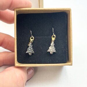Christmas Tree Dangle Earrings Sterling Silver & Gold Tone Hook Handmade Gift Bo